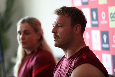 230626 - Picture shows both Wales Captains Alex Callender and Dewi Lake speaking during a press conference ahead of their double header against the Barbarians