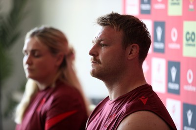230626 - Picture shows both Wales Captains Alex Callender and Dewi Lake speaking during a press conference ahead of their double header against the Barbarians