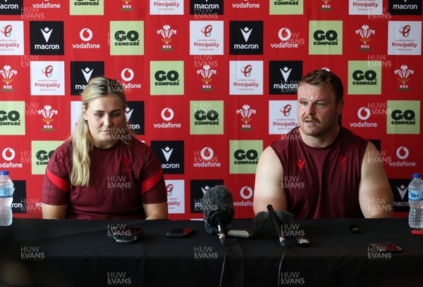 230626 - Picture shows both Wales Captains Alex Callender and Dewi Lake speaking during a press conference ahead of their double header against the Barbarians