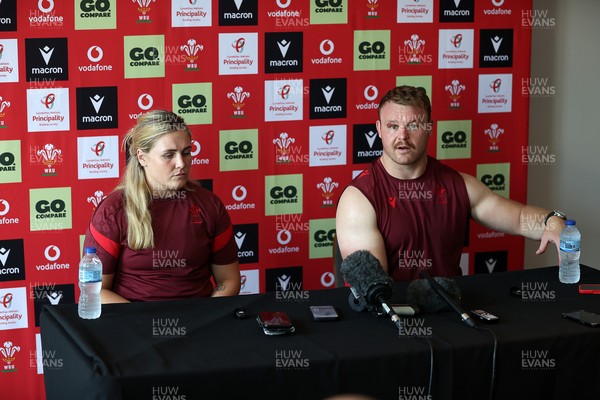 230626 - Picture shows both Wales Captains Alex Callender and Dewi Lake speaking during a press conference ahead of their double header against the Barbarians