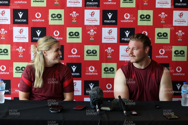 230626 - Picture shows both Wales Captains Alex Callender and Dewi Lake speaking during a press conference ahead of their double header against the Barbarians