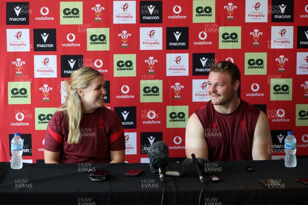 230626 - Picture shows both Wales Captains Alex Callender and Dewi Lake speaking during a press conference ahead of their double header against the Barbarians