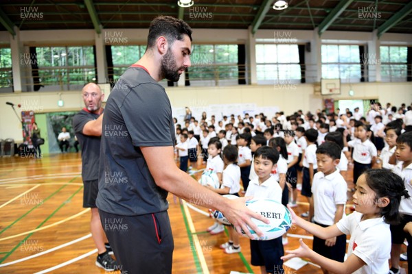 170919 - Wales Rugby Players Visit Local School in Kitakyushu - Cory Hill during a visit to a local school