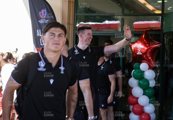 030923 - The Welsh Rugby team leave the Vale Hotel for the Rugby World Cup - Adam Beard waves goodbye