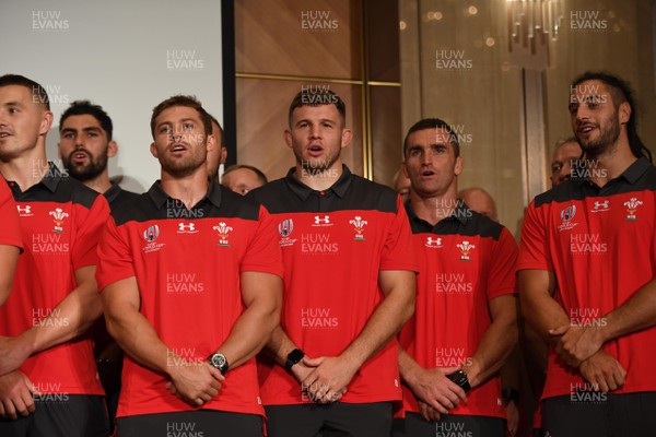 150919 - Wales Rugby Squad Welcome to Kitakyushu Ceremony - The Wales squad sing to invited guests