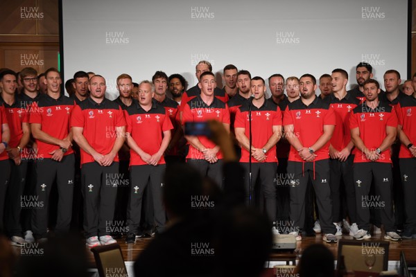 150919 - Wales Rugby Squad Welcome to Kitakyushu Ceremony - The Welsh Rugby Squad sing