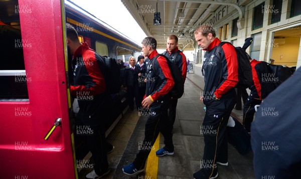 210915 - Wales Rugby World Cup Squad Travel to London -Lloyd Williams, James King and Alun Wyn Jones walks to the team train to London at Cardiff Central Station