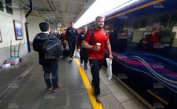 210915 - Wales Rugby World Cup Squad Travel to London -Tomas Francis, Aaron Jarvis and Luke Charteris walks to the team train to London at Cardiff Central Station