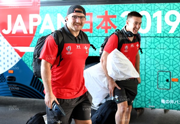 141019 - Wales Rugby Squad Travel to Oita - Dillon Lewis and Josh Adams arrives at the team hotel in Oita
