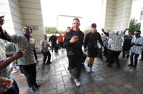 100722 - Wales Rugby Squad Travel to Cape Town - Liam Williams and Kieran Hardy arrives at the Wales rugby team hotel in Cape Town for the final test in the series