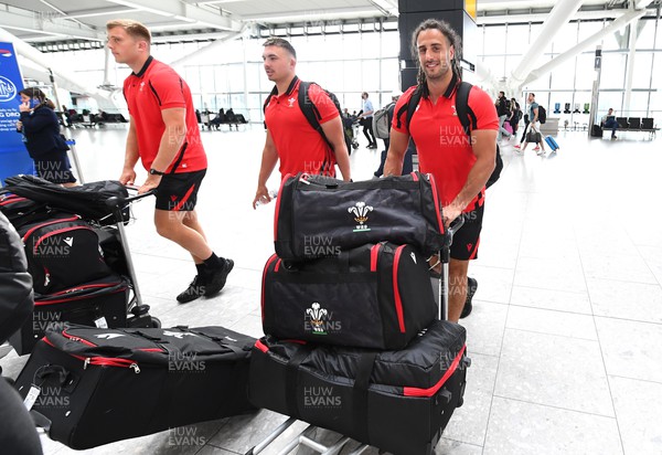 260622 - Wales Rugby Squad Travel to South Africa - Ben Carter, Taine Basham and John Navidi as the Wales Squad arrive at Heathrow to travel to South Africa for a three match test series