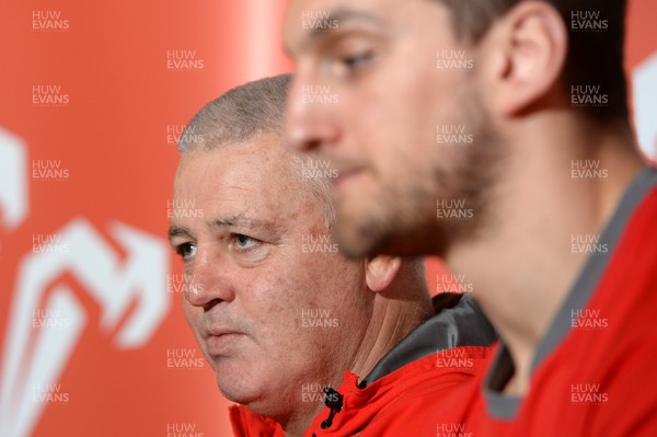 040214 - Wales Rugby Team Announcement -Warren Gatland talks to media with Sam Warburton(R)