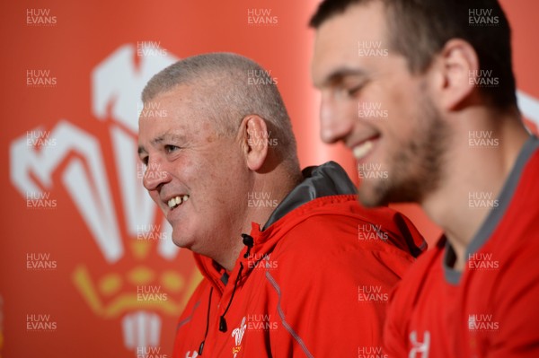 040214 - Wales Rugby Team Announcement -Warren Gatland talks to media with Sam Warburton(R)