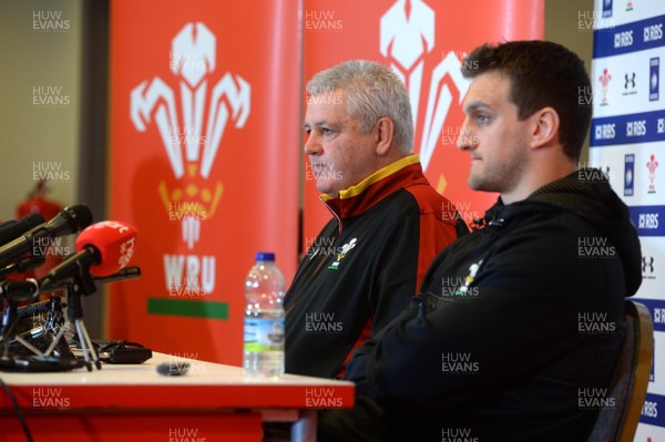 080316 - Wales Rugby Team Announcement -Warren Gatland (left) and Sam Warburton talk to media