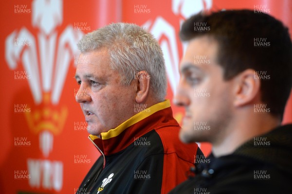 080316 - Wales Rugby Team Announcement -Warren Gatland (left) and Sam Warburton talk to media