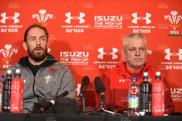 091117 - Wales Rugby Team Announcement -  Warren Gatland and Alun Wyn Jones (left) talk to media