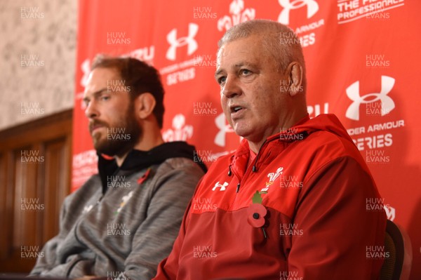 091117 - Wales Rugby Team Announcement -  Warren Gatland and Alun Wyn Jones (left) talk to media