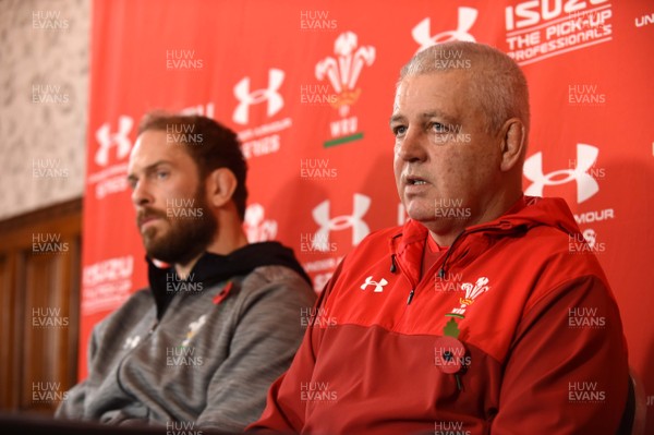 091117 - Wales Rugby Team Announcement -  Warren Gatland and Alun Wyn Jones (left) talk to media