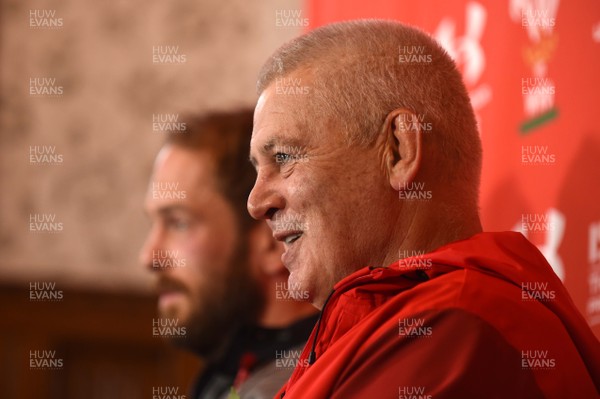 091117 - Wales Rugby Team Announcement -  Warren Gatland and Alun Wyn Jones (left) talk to media