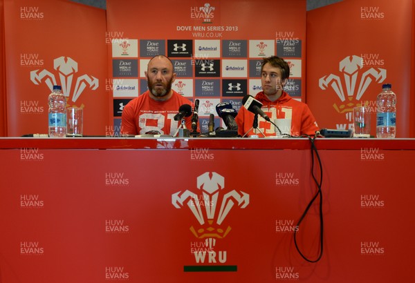 191113 - Wales Rugby Team Announcement -Robin McBryde(L) and Ryan Jones talk to reporters