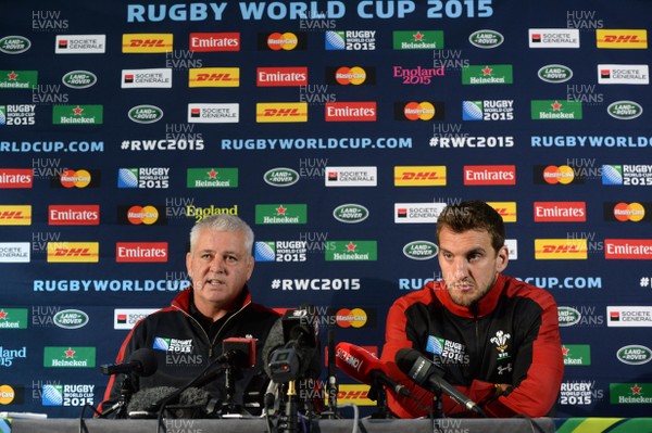 290915 - Wales Rugby Team Announcement  -Warren Gatland and Sam Warburton (right) talk to media