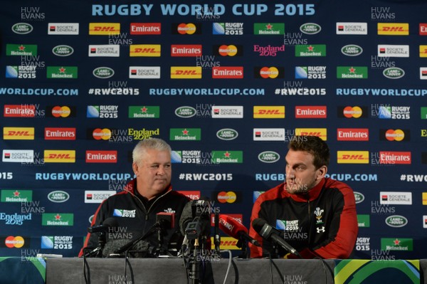 290915 - Wales Rugby Team Announcement  -Warren Gatland and Sam Warburton (right) talk to media