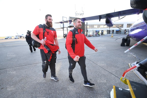 060220 - Wales Rugby Team Travel to Dublin - Jake Ball and Wyn Jones board the plane at Cardiff Airport