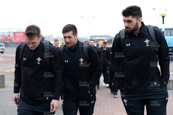 220218 - Wales Rugby Team Travel to Dublin - Dan Biggar, Justin Tipuric and Cory Hill arrives at Cardiff Airport