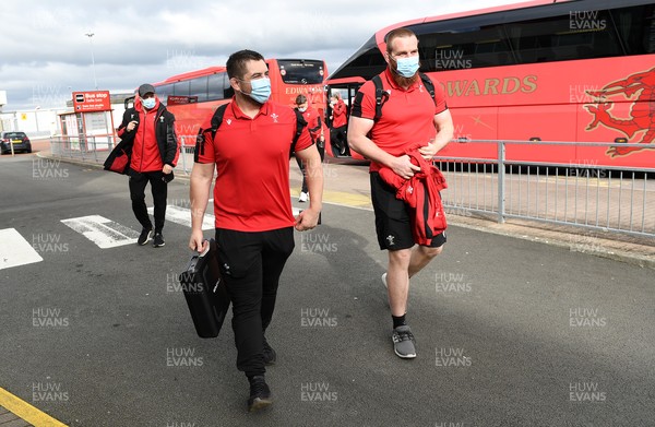 190321 - Wales Rugby team travel from Cardiff Airport to Paris ahead of their final Guinness 6 Nations match against France tomorrow - Wyn Jones and Jake Ball arrive at the airport