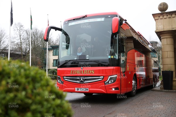 080224 - Picture shows the Wales Rugby Team leaving the Vale Resort for London for their 6 Nations clash against England - The coach leaving