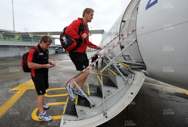 03.10.11 - Wales Rugby Team Travel to Wellington - Jonathan Davies and Bradley Davies board the Wales team plane to Wellington. 