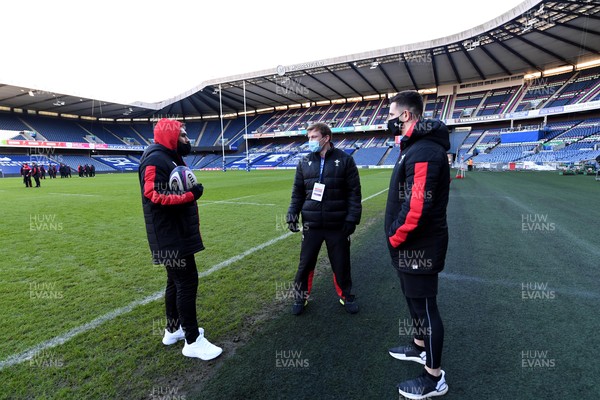 120221 - Wales Rugby Visit Murrayfield Stadium - Willis Halaholo, Nick Tompkins and Owen Watkin during a visit to Murrayfield Stadium, Edinburgh