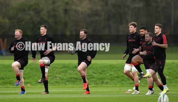 010222 - Wales Rugby Training - Rhys Carre, Adam Beard, Ryan Elias, Will Rowlands, Leon Brown, Wyn Jones and Kieran Hardy during training