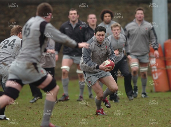 010206  Wales rugby training,Cardiff  Stephen Jones finds some space   