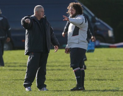 01.02.08  Wales rugby training at St Paul's School,Mortlake. Wales Coach Warren Gatland discusses tactics with Adam Jones during training today(FRI) 