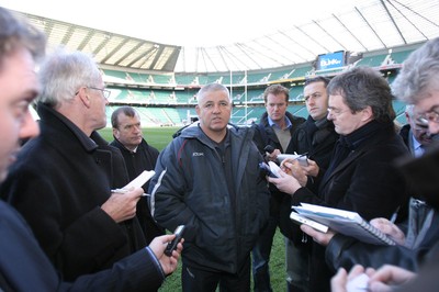 01.02.08  Wales rugby training at Twickenham. Wales coach Warren Gatland speaks to reporters. 