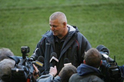 01.02.08  Wales rugby training at Twickenham. Wales Coach Warren Gatland talks to reporters. 