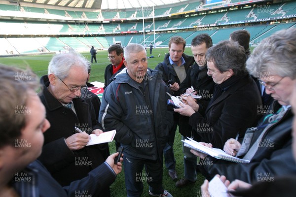 01.02.08  Wales rugby training at Twickenham. Wales coach Warren Gatland speaks to reporters. 