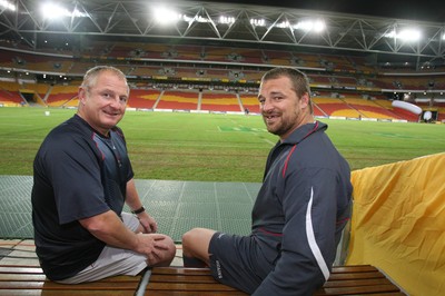 01.06.07  Wales rugby tour to Australia Chris Horsman and Team Manager Alan Phillips sit on the bench at the Suncorp Stadium in Brisbane after being flown into Australia the day before the game, a feat also performed by Phillips when he played. 