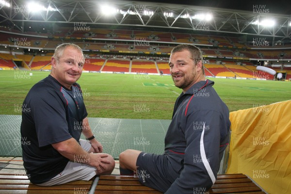 01.06.07  Wales rugby tour to Australia Chris Horsman and Team Manager Alan Phillips sit on the bench at the Suncorp Stadium in Brisbane after being flown into Australia the day before the game, a feat also performed by Phillips when he played. 