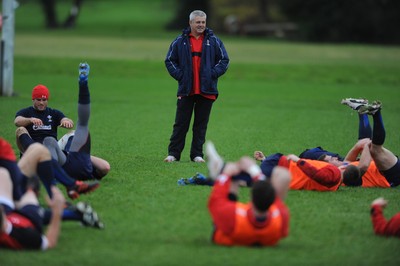 01.12.11 - Wales Rugby Training - Head coach Warren Gatland looks on during training. 