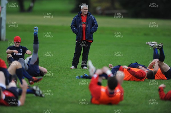 01.12.11 - Wales Rugby Training - Head coach Warren Gatland looks on during training. 