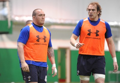 02.02.11 - Wales Rugby Training - Craig Mitchell and Alun Wyn Jones(R) during training. 