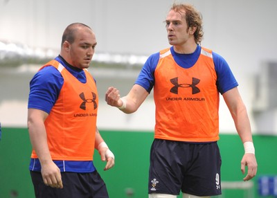 02.02.11 - Wales Rugby Training - Craig Mitchell and Alun Wyn Jones(R) during training. 