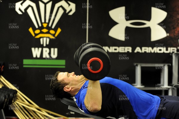 02.02.11 - Wales Rugby Training - Jamie Roberts lifts weights during training. 