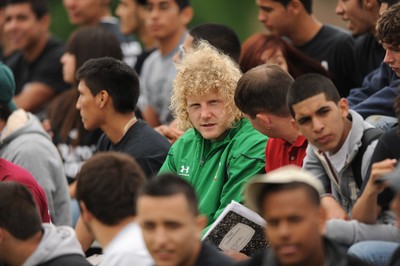 02.06.09 - Wales Rugby Training - Duncan Jones talks to students during training at Morton High School, Chicago. 