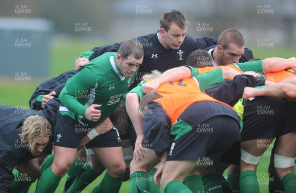 02.11.09 - Wales Rugby Training (L-R)Paul James, Matthew Rees and Gethin Jenkins pack down during training. 