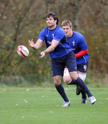 02.11.10. Wales Rugby Training... Mike Phillips releases the backs watched by Dan Lydiate. 
