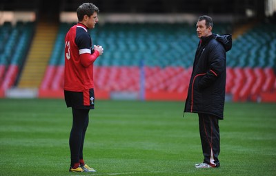 03.02.12 - Wales Rugby Training - Rhys Priestland talks to Rob Howley during training. 