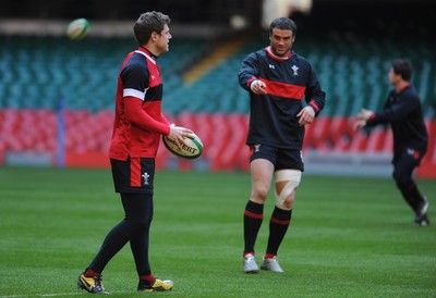 03.02.12 - Wales Rugby Training - Rhys Priestland and Jamie Roberts during training. 